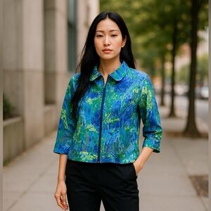 Boutique womens $110 sheer beautiful zipper jacket size XL BLUE GREEN